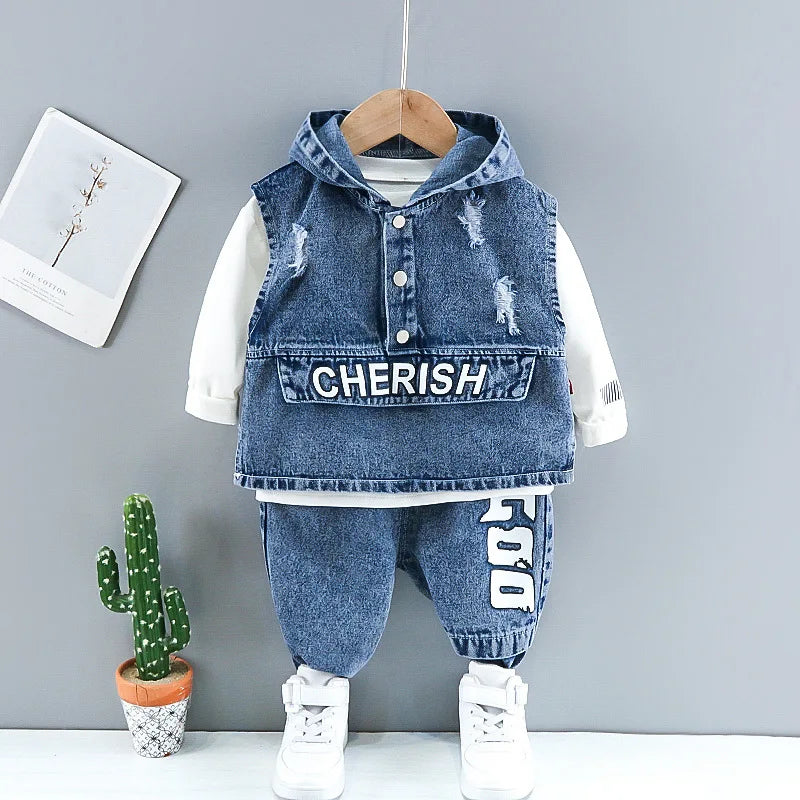 Baby Boy Cotton Clothes Spring Autumn Fashion Cowboy Trousers+Long Sleeve+Coat 3Piece Leisure Sports Stars Denim Clothes Suit AL01 Blue