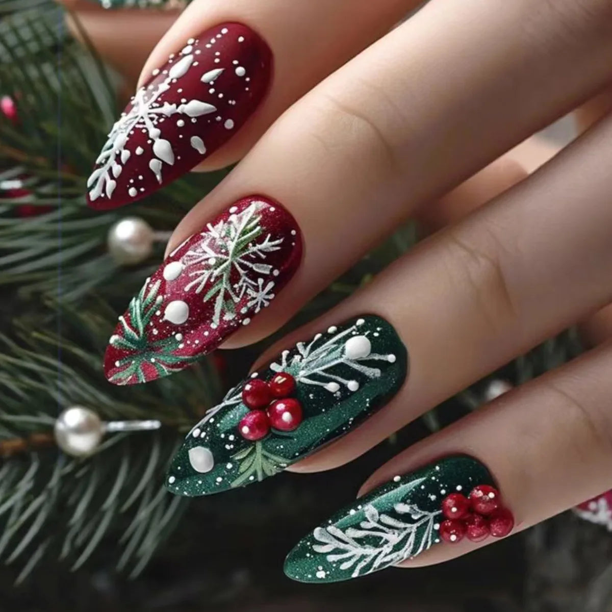 24pcs Round Head Almond False Nails Christmas Glitter Red Full Cover Nail Tips Fashion Snowflake Design Long Press on Fake Nails