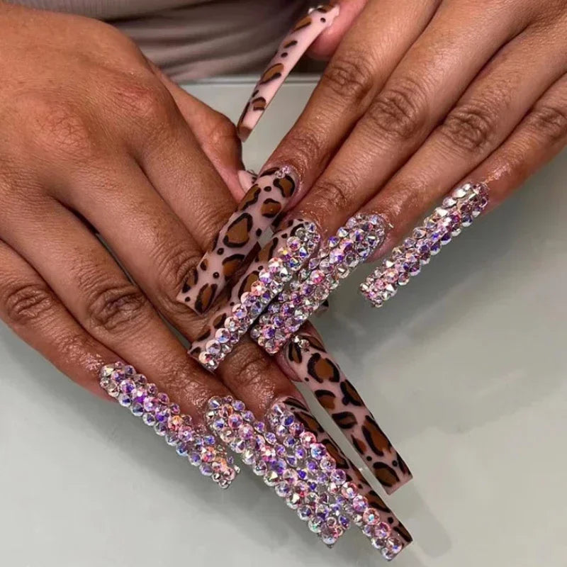 Cherry Leopard Print Almond Fake Nails Art Ballet Pointed False Nails Charms Flower Star Love Heart Press on Nails Manicure Tool