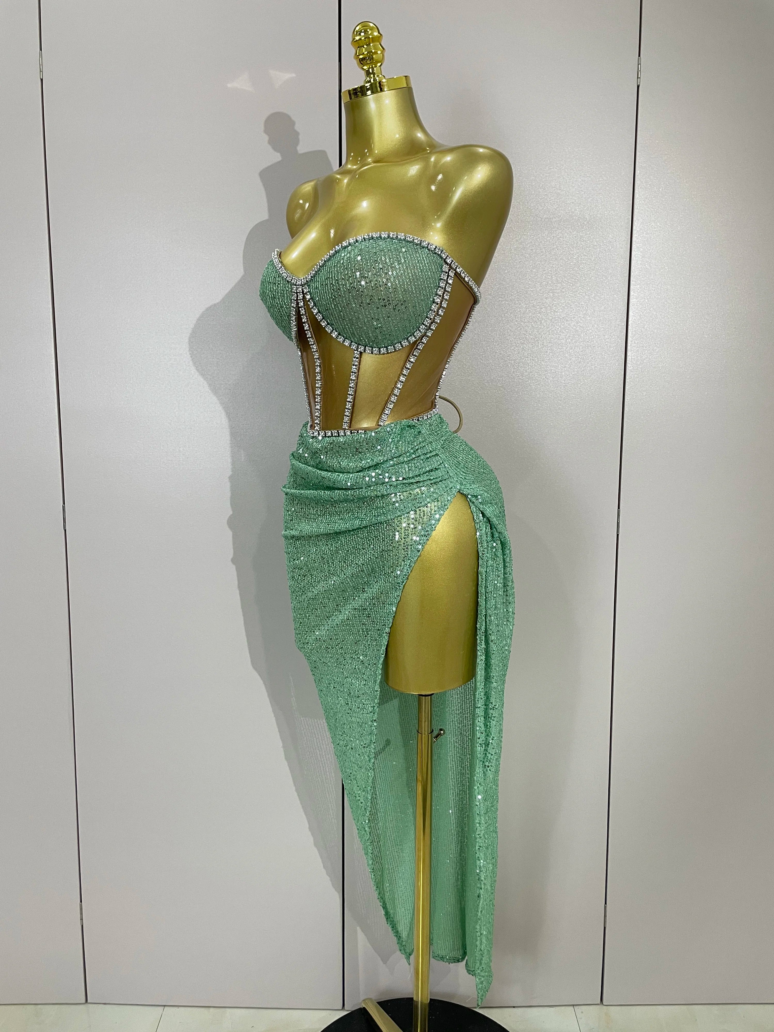 Sparkly Sequins Diamond Birthday Party Two Piece Set Evening Dress 2025 Women Sexy Singer Dancer NightClub Bar Performan Costume