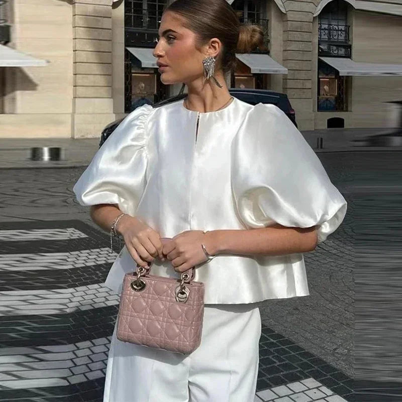 Elegant Satin Ruffle Shirt for Women Lantern Short Sleeve Loose O-neck Female Top Spring Summer Fashion Lady Streetwear Photo color