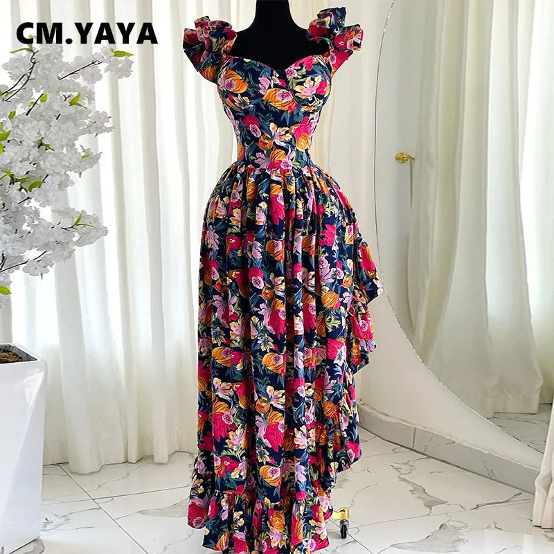 CM.YAYA Women Ruffles Strapless Floral Print Long Irregular Dress Holiday Sweet Birthday Evening Sexy Party Dresses Vestidos