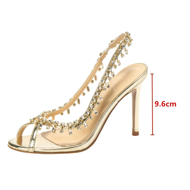 Luxury Crystal Pendant Slingbacks Women Pumps Sexy Peep Toe Transparent PVC Thin High heels Spring Autumn Party Wedding Shoes Gold
