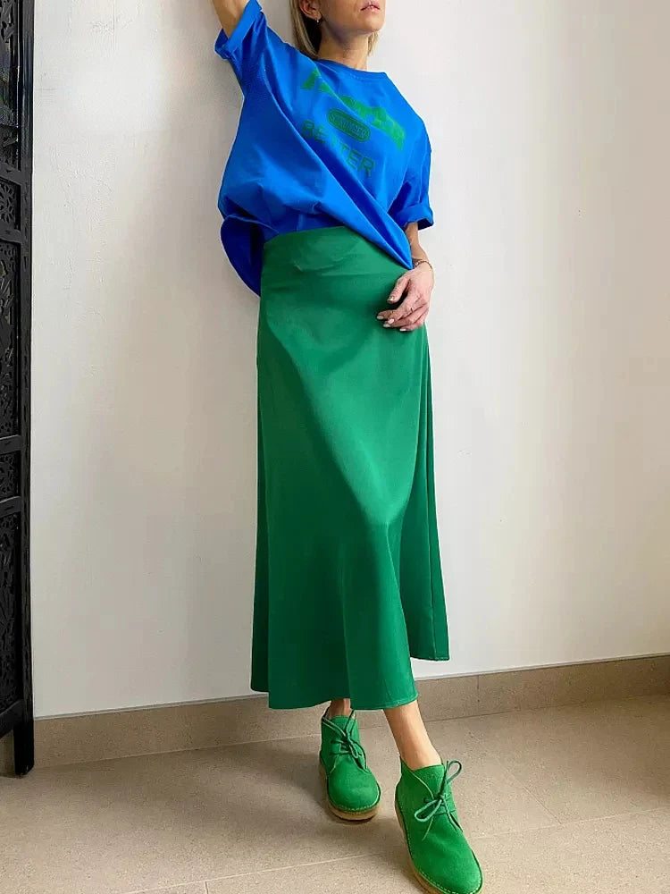 High Waisted Satin Long Skirts for Women Spring/Summer New Women's Skirt A-line Fashion Elegant Slim Fit Grey Black Skirt green