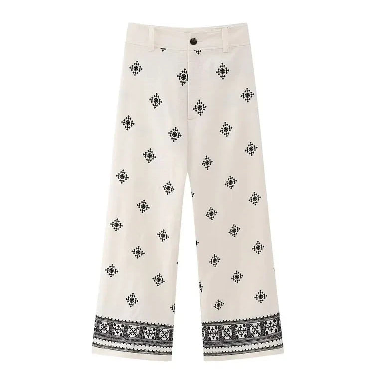 TRAF Women Fashion Embroidery Linen Straight Pants Vintage High Waist Zipper Fly Female Ankle Trousers Mujer