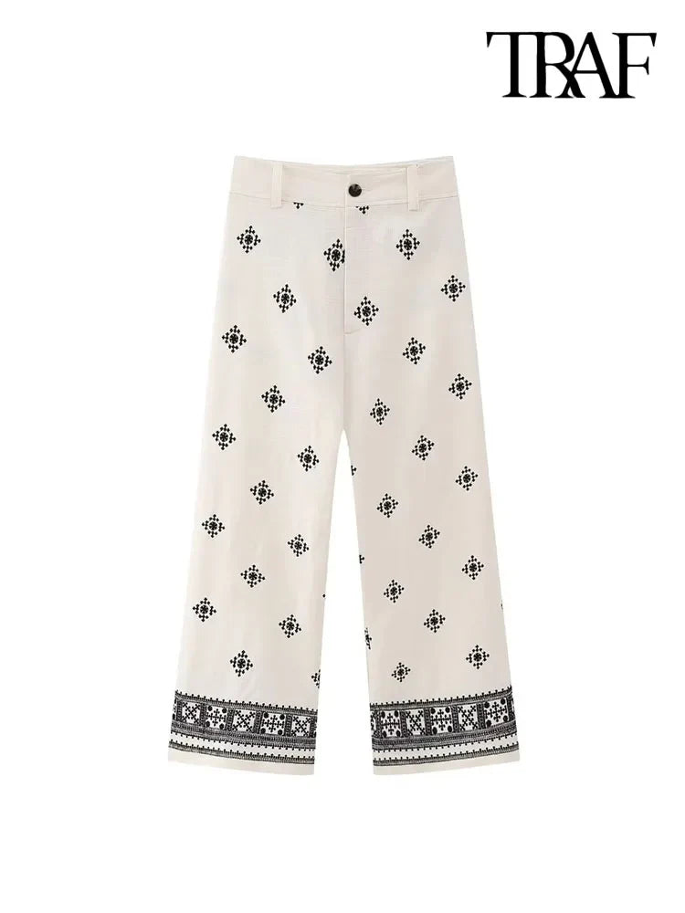 TRAF Women Fashion Embroidery Linen Straight Pants Vintage High Waist Zipper Fly Female Ankle Trousers Mujer
