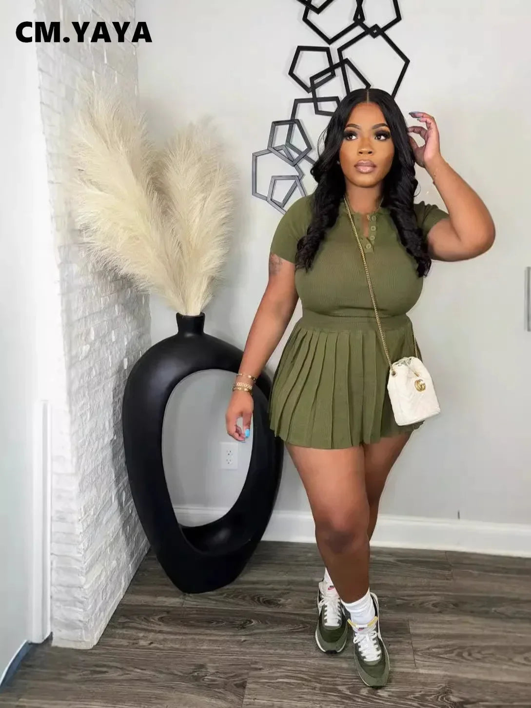 CM.YAYA Fashion Sport Women's Set Pleated Mini Skirt and Short Sleeve T-shirt Top 2024 Street Two 2 Piece Dress Sets Outfits