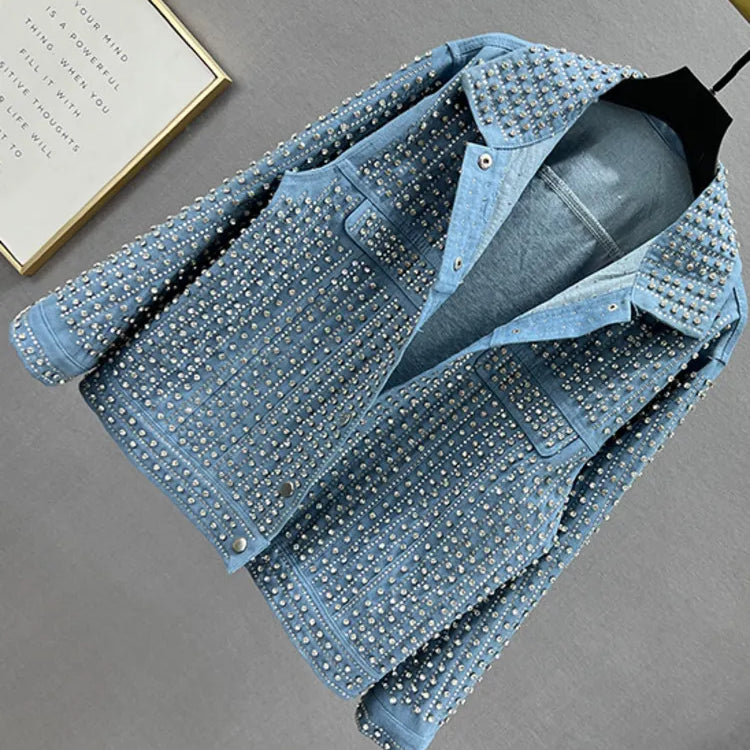 Streetwear Patchwork Rivet Denim Jacket Women Fashion Lapel Long Sleeve Loose Coats Female Outerwear Autumn Trend