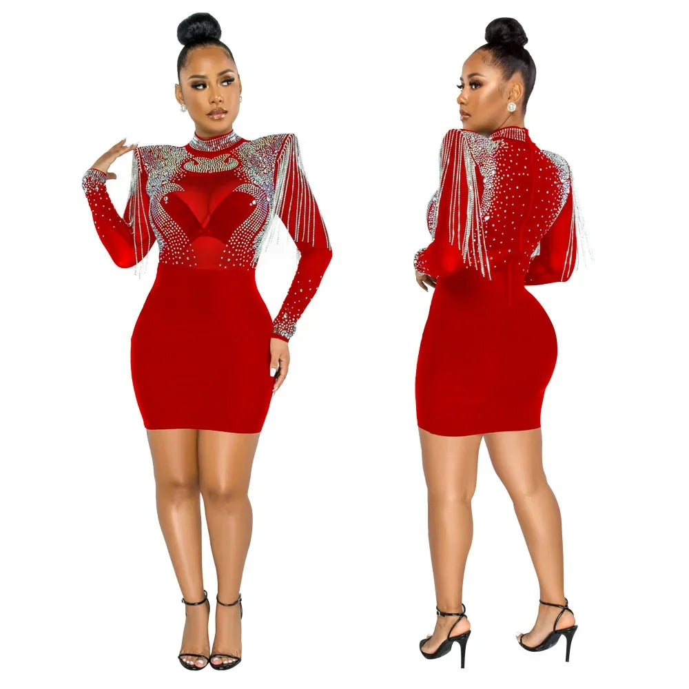 CM.YAYA Women Jumpsuit Solid High Collar Hot Drill Mesh Shoulder Cotton Long Sleeves Long Straight Jumpsuit Sexy Party Outfits red dress