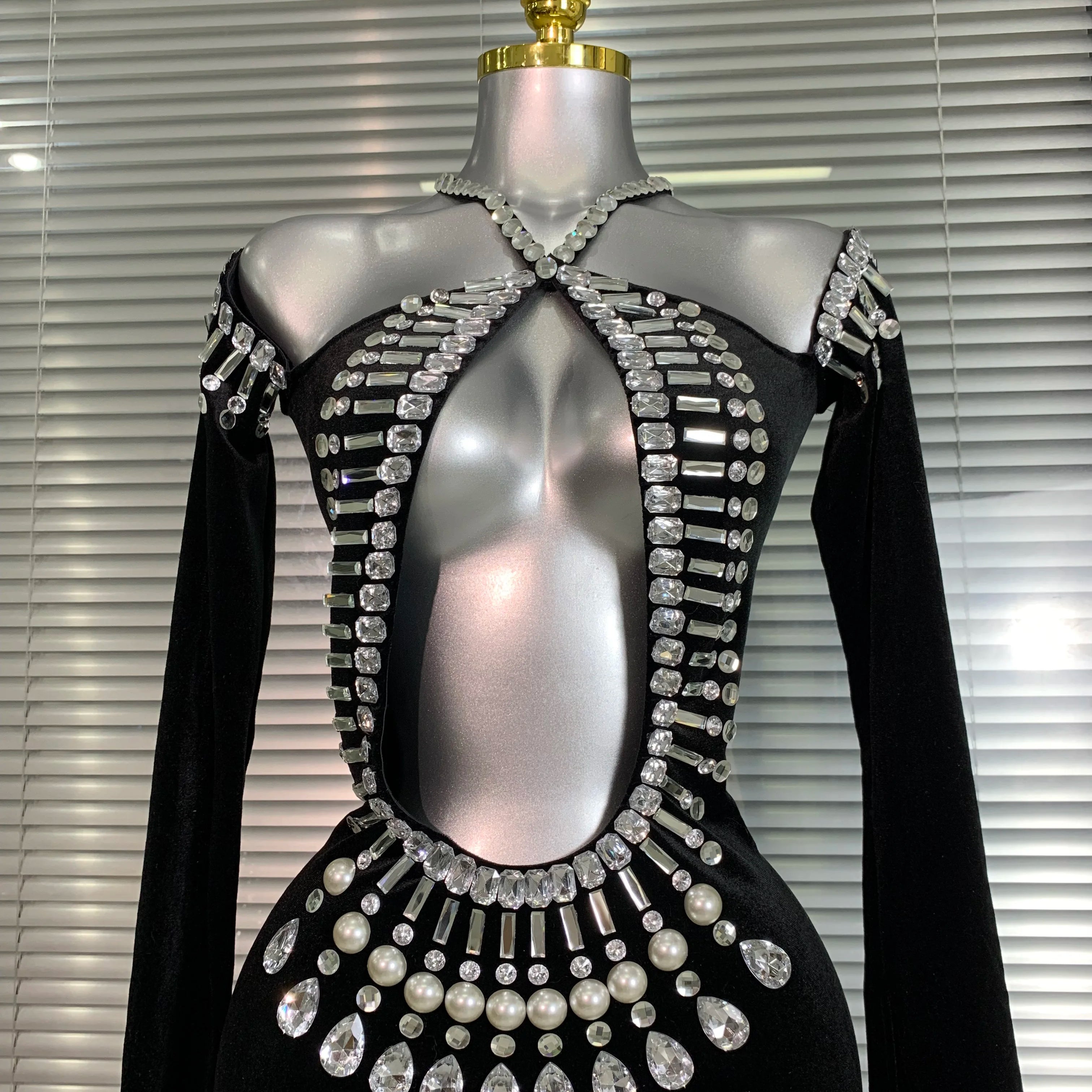 INS New Women Sexy Velvet Stretched Crystal Diamonds Rhinestones Maxi Dress Night Club Party Singer Stage Costume