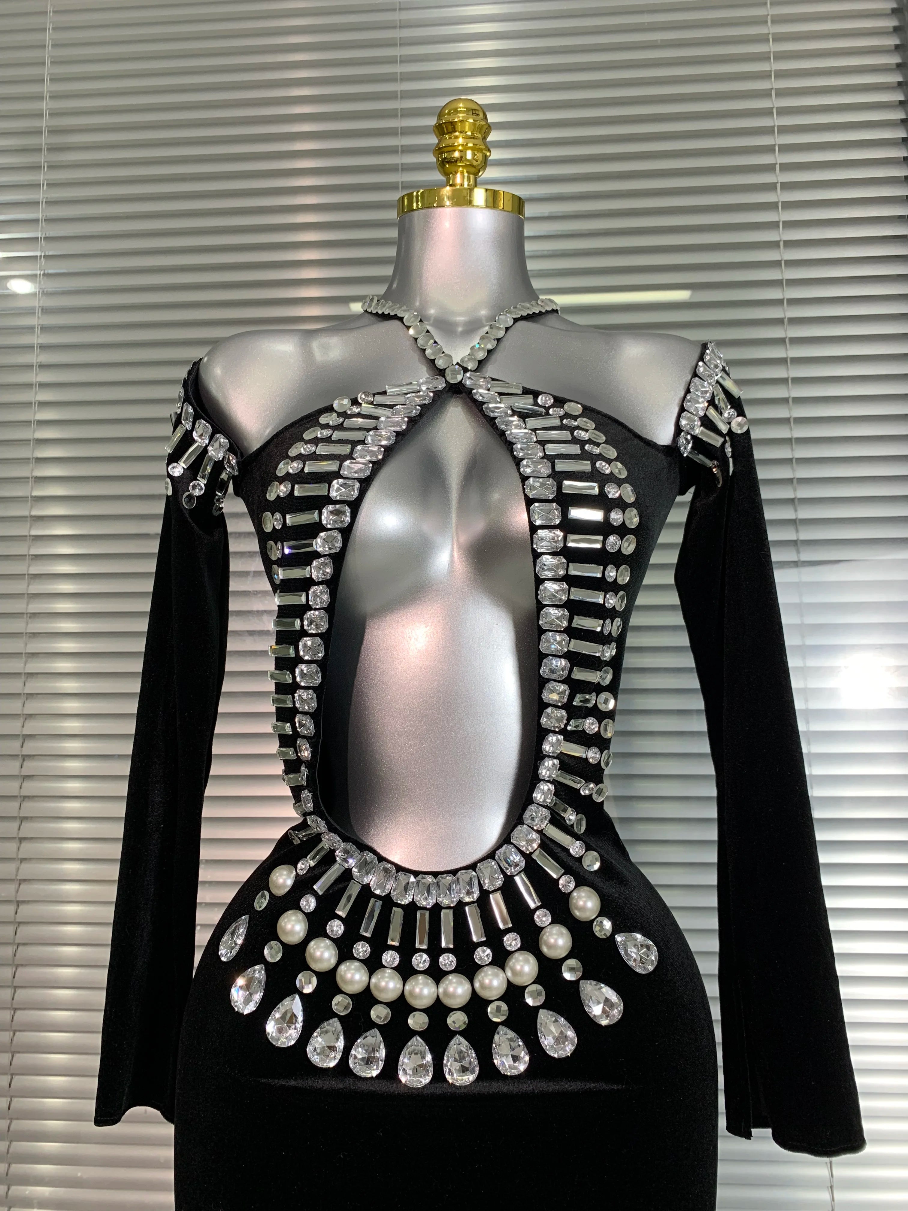 INS New Women Sexy Velvet Stretched Crystal Diamonds Rhinestones Maxi Dress Night Club Party Singer Stage Costume