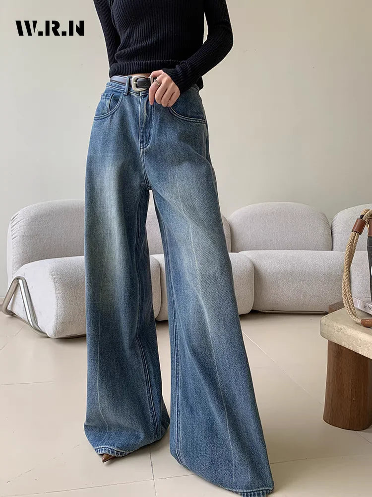 Spring Women's Casual Style Harajuku Jeans Vintage High Waist Oversized Blue Pants Y2K Wide Leg Punk Baggy Denim Trouser