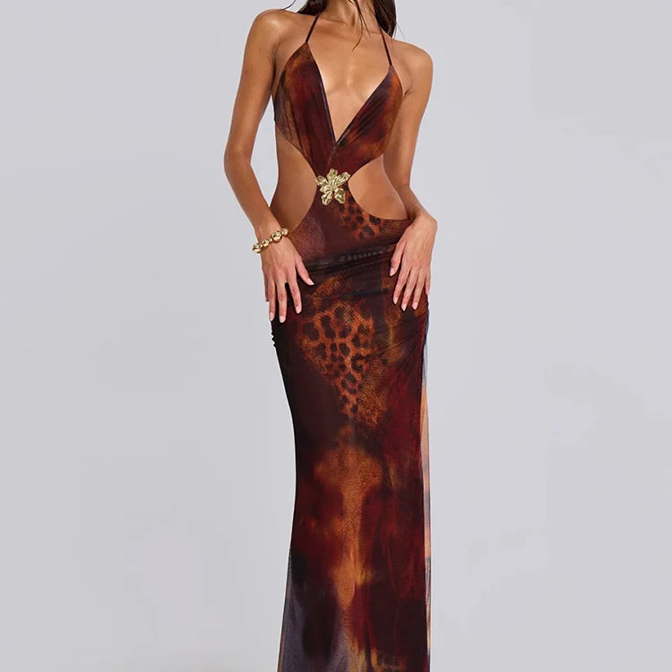 Halter Deep V Neck Print Sexy Maxi Dress For Women Gown Summer Hollow Out Sleeveless Backless Beach Long Dress
