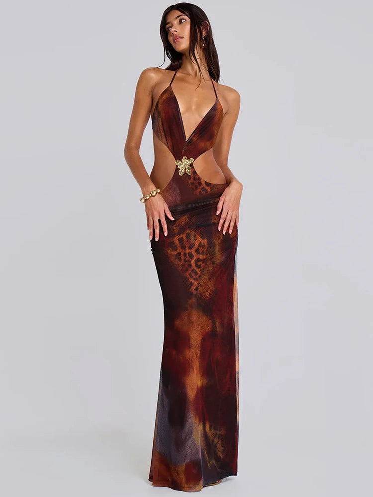 Halter Deep V Neck Print Sexy Maxi Dress For Women Gown Summer Hollow Out Sleeveless Backless Beach Long Dress