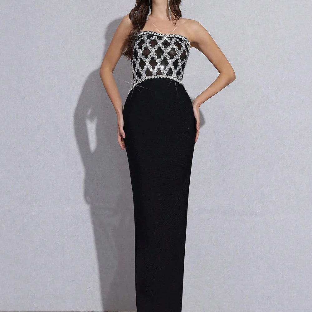 High Quality Sexy Strapless Diamond Sequin mesh Patchwork Bodycon Bandage Long Dress Women Fashion Celebrate Evening Party Gowns