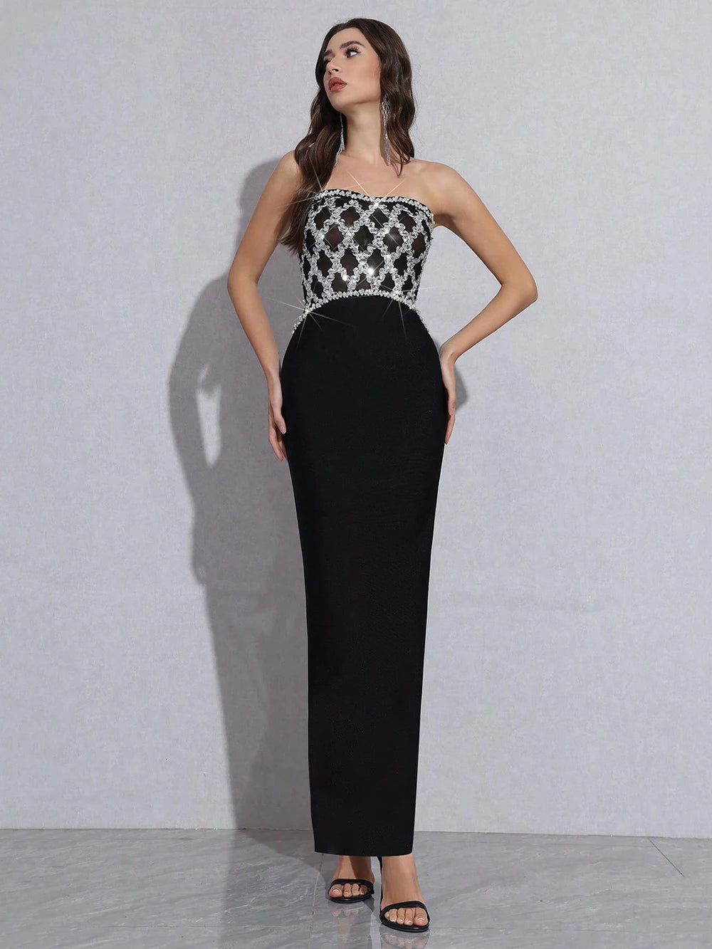 High Quality Sexy Strapless Diamond Sequin mesh Patchwork Bodycon Bandage Long Dress Women Fashion Celebrate Evening Party Gowns