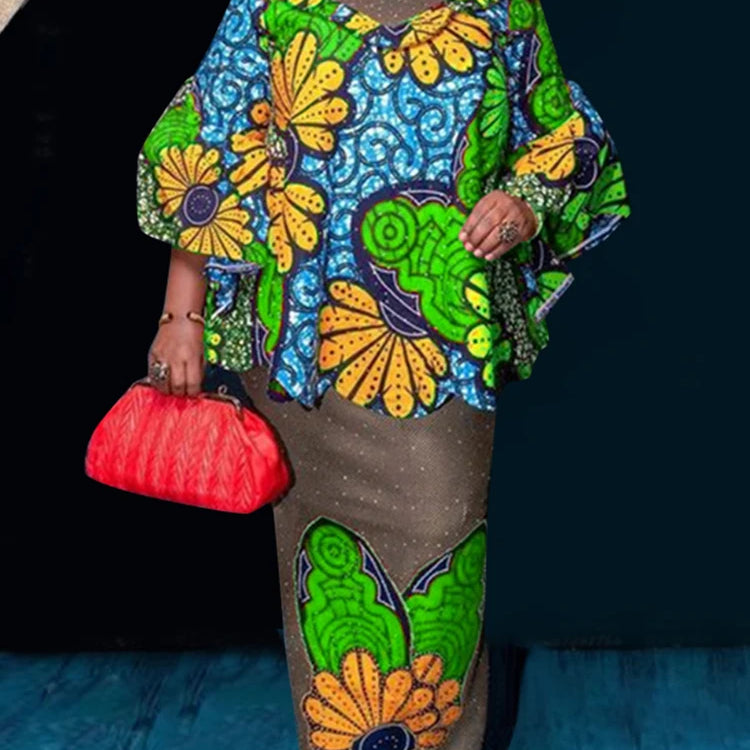 Plus Size VONDA Women Sets 2025 Fashion Suit 3/4 Flare Sleeve Floral Printed Tops And Elastic Waist Maxi Skirts 2Pcs Sets
