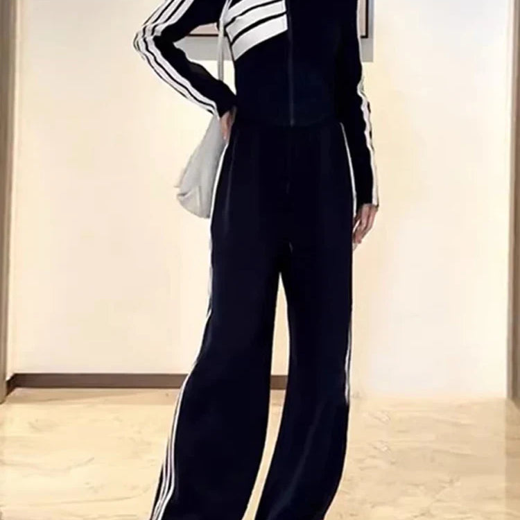 Striped Sports Set Women's Autumn/Winter Fashion Contrast Color Zipper Coat Long Sleeve Casual Wide Leg Pants Two Piece Set