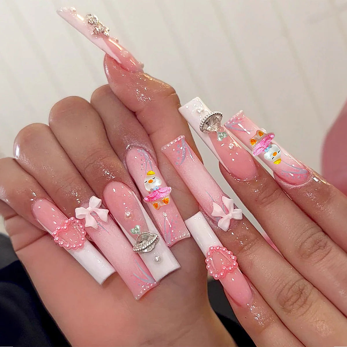 24pcs/set Long Medium short fake nails for women girls cute bow flowers decoration french tips faux ongles press on false nail
