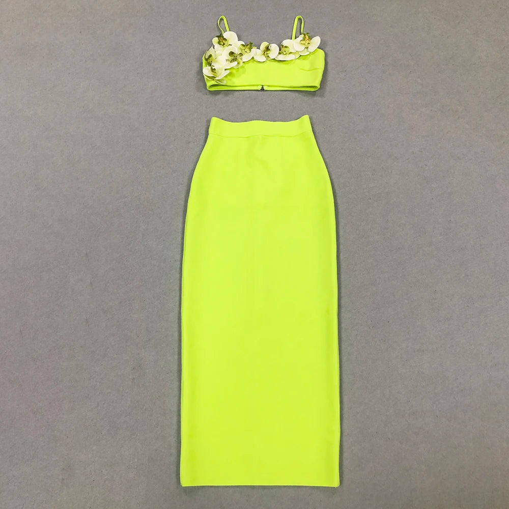High Quality Green Color Women Sleeveless Sexy Strap Square Collar 2 Pieces Bodycon Long Bandage Dress Celebrate Birthday Dress