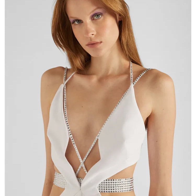 Women Luxury Sexy V Neck Cut Out Diamonds Crystal White Maxi Long Bandage Dress Celebrity Elegant Evening Party Club Dress