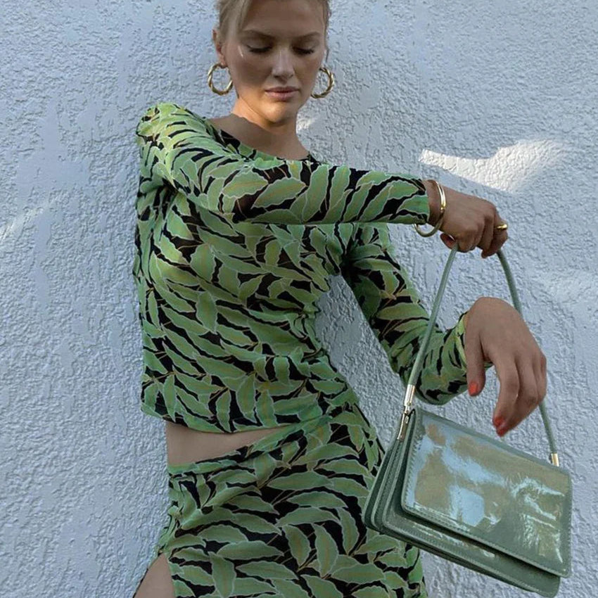 Clacive Bodycon Print Women's Dress Fashion Slim O-Neck Long Sleeve Mini Dress Elegant Classic Slit Party Dresses Female