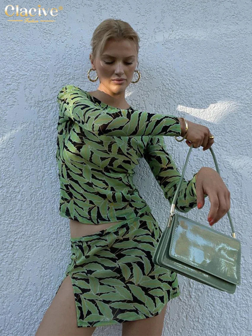 Clacive Bodycon Print Women's Dress Fashion Slim O-Neck Long Sleeve Mini Dress Elegant Classic Slit Party Dresses Female