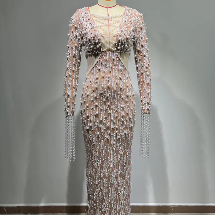 Elegant Evening Party Dress Women Long Sleeve Pearl Beading Bodycon Long Maxi Dress Birthday Party Cocktail Prom Dress