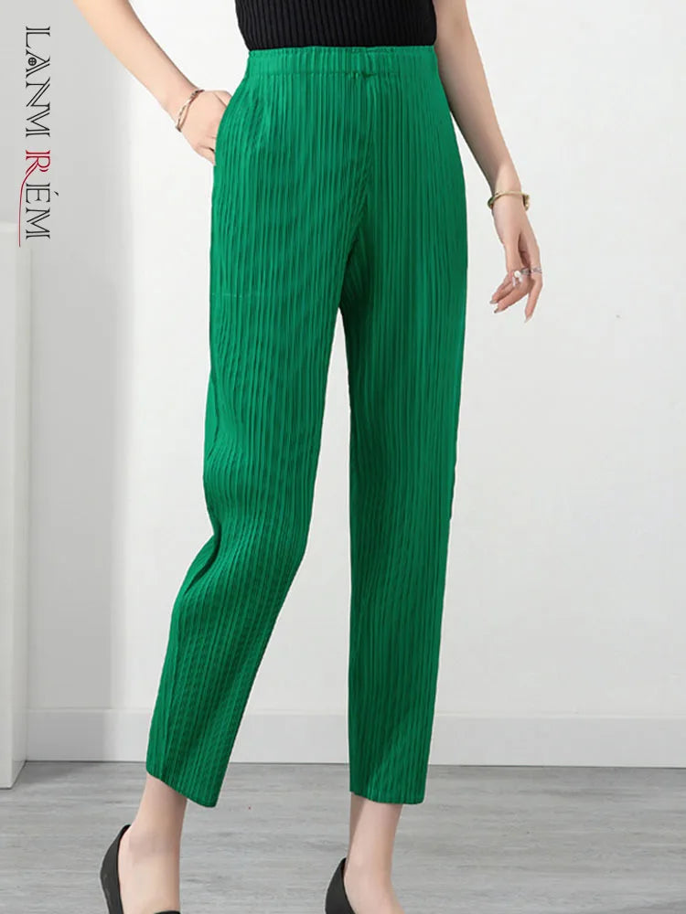 LANMREM Pleated Solid Color Harem Pants Women Pocket Elastic High Waist Female Fashion Ankle-length Trousers Summer 2I576