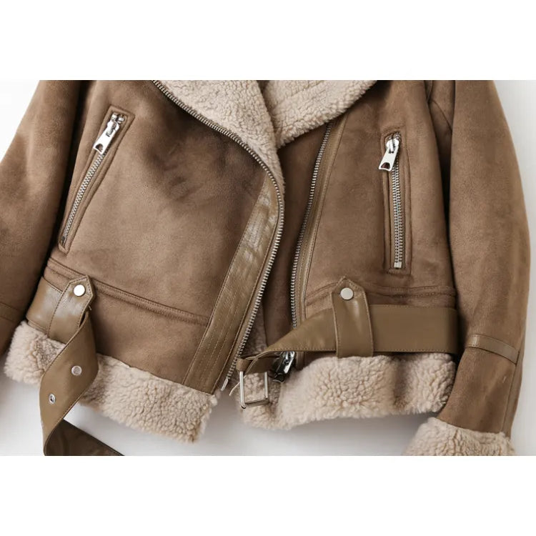 Brown Jacket For Women Winter Vintage Fur Integrated Jacket Lapel Long Sleeves Jackets Female Outwears Chic