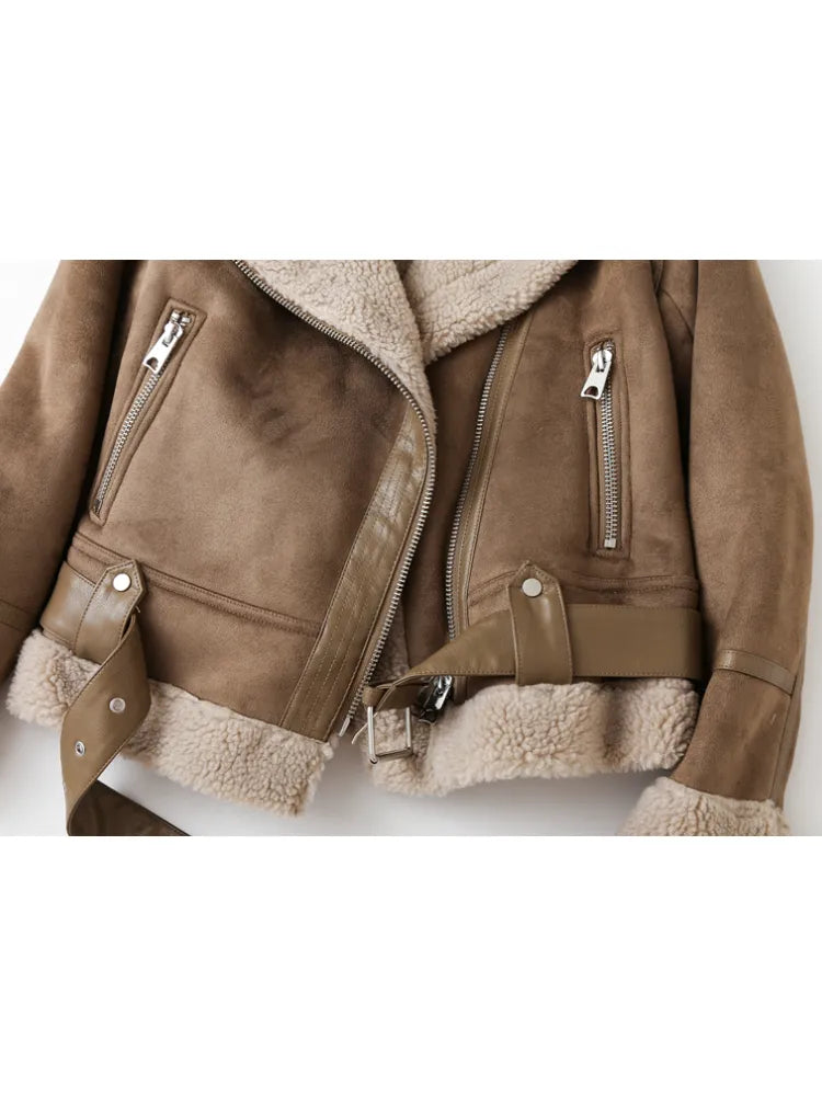 Brown Jacket For Women Winter Vintage Fur Integrated Jacket Lapel Long Sleeves Jackets Female Outwears Chic