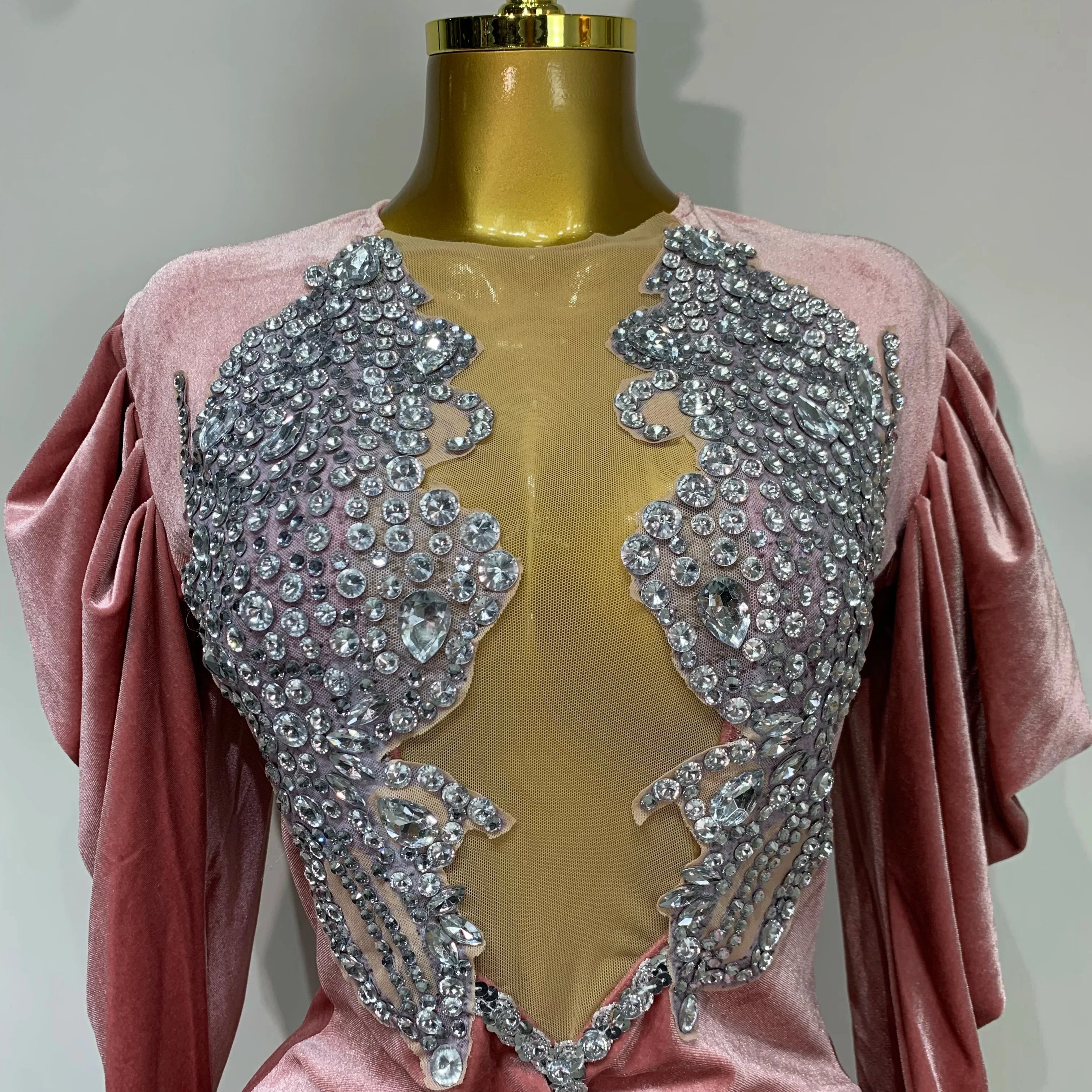 Luxury Birthday Dress Sparkly Crystals Sexy Mesh Velvet Short Dress  Women Elegant Evening Party Nightclub Stage Costume