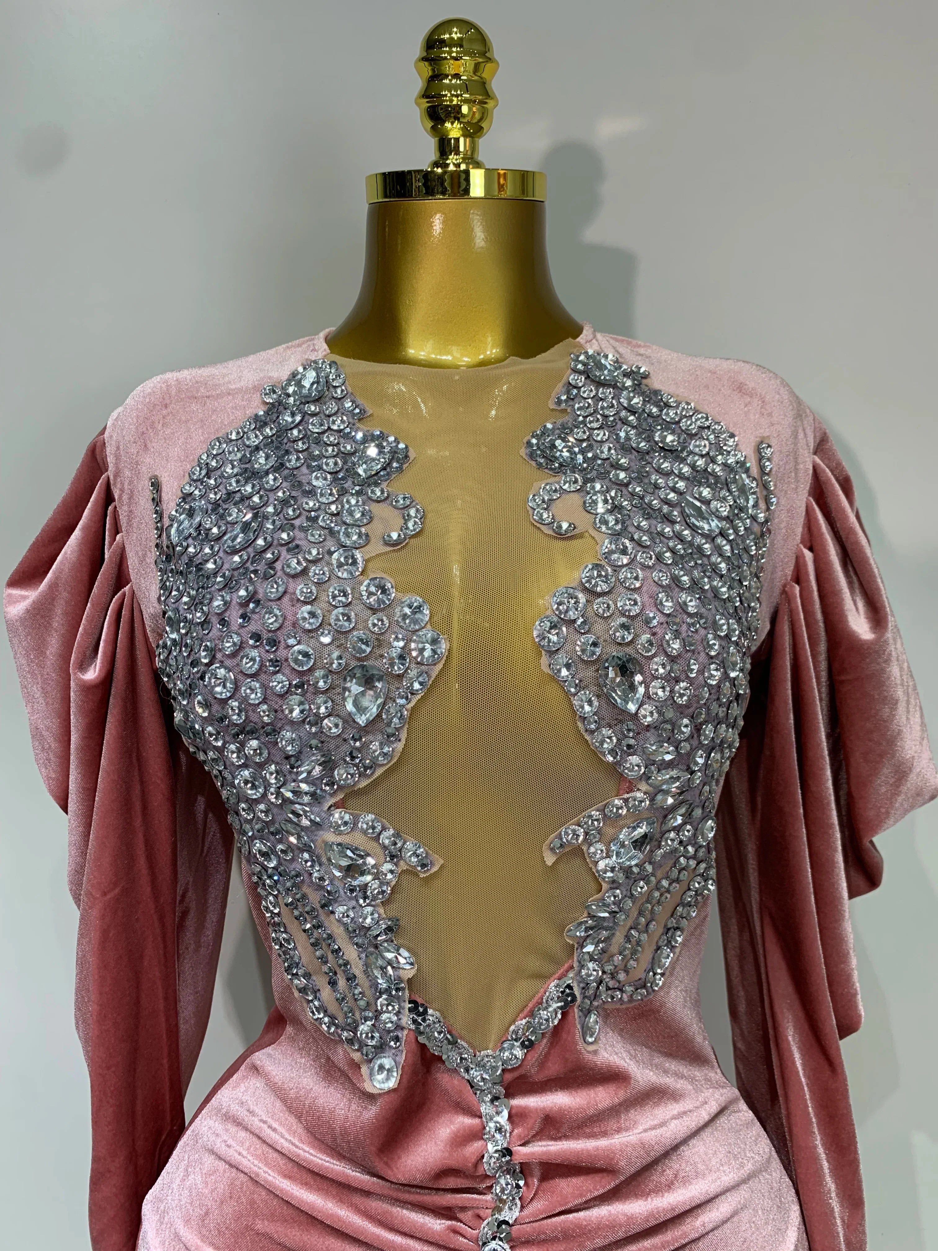 Luxury Birthday Dress Sparkly Crystals Sexy Mesh Velvet Short Dress  Women Elegant Evening Party Nightclub Stage Costume