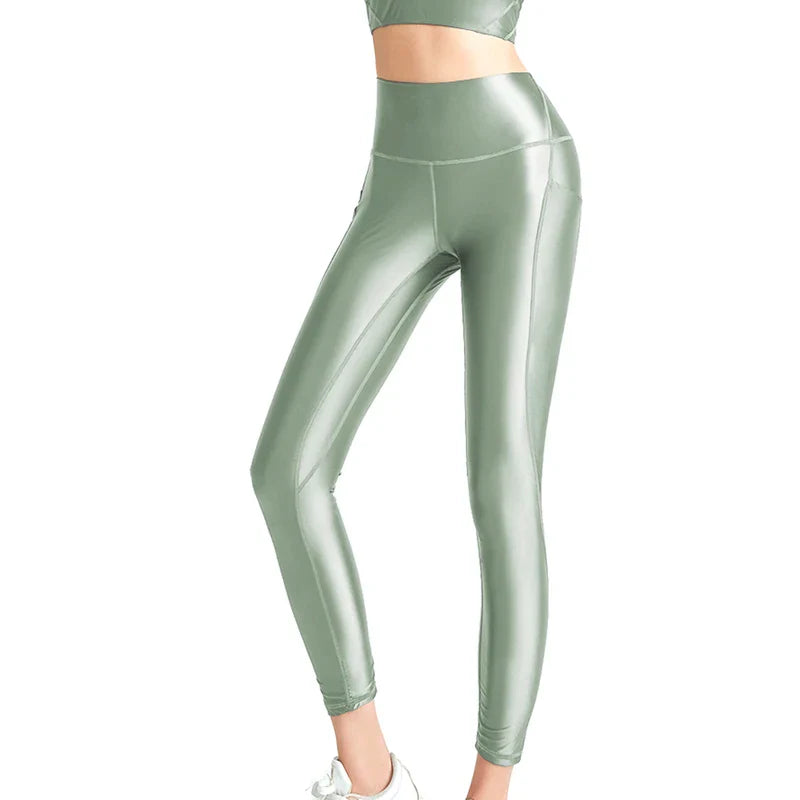 satin glossy Women's bathing suit vest Oil High Waist Pants Smooth Fitness Gloss Yoga Running Sweatwear gym set leggings green blue pants