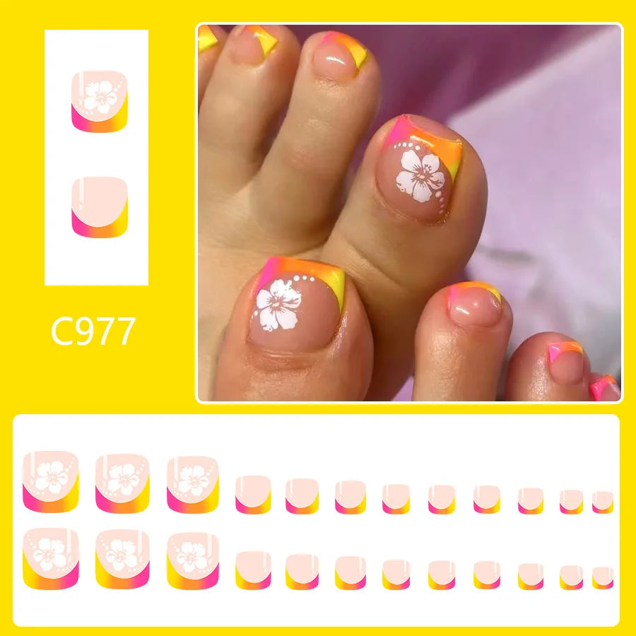 24pcs Summer Beach False Toenails Blue French Square Fake Toenails Wearable Coconut Trees Shell Print Press on Nails for Toe
