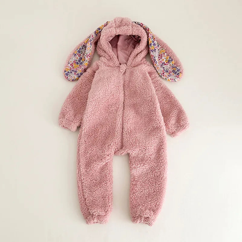 Autumn Winter Baby Girls Boys Rabbit Romper Slouchy Zipper Newborn Jumpsuit Hooded Pajamas Baby Boys Plush Homewear Outfits pink
