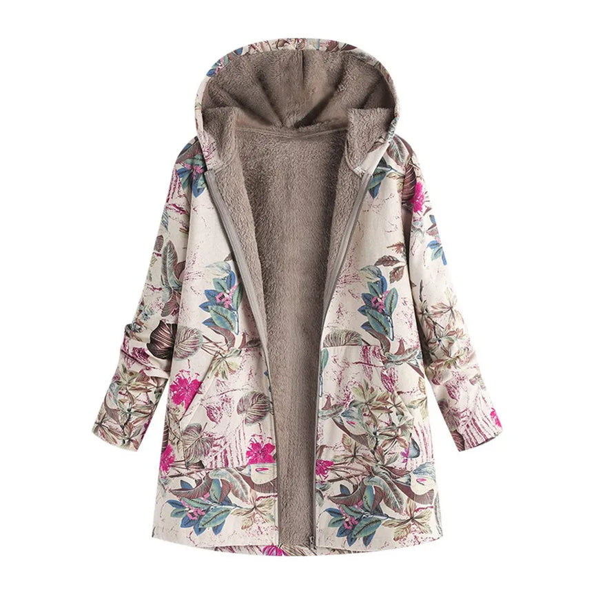 Printed Hooded Long Sleeve Coat Oversized Vintage Women Autumn Winter Warm Plush Jacket Casual Ladies Clothes B