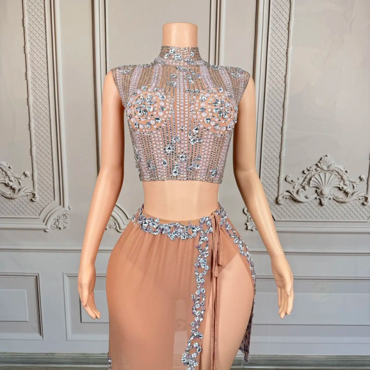 Sparkly Rhinestone Crop Tops Mini Skirt 2Pieces Set Festival Party Mesh Outfit Side Slits Bodysuit Event Dance Sexy Wear Luzhu
