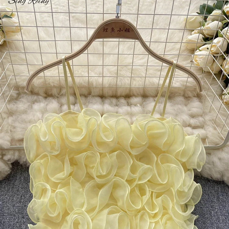 SINGREINY French Style Sheath Solid Sexy Camisole Female 3D Flowers Elastic Tops Ladies Holiday Short Sweet Streetwear Camis yellow One Size