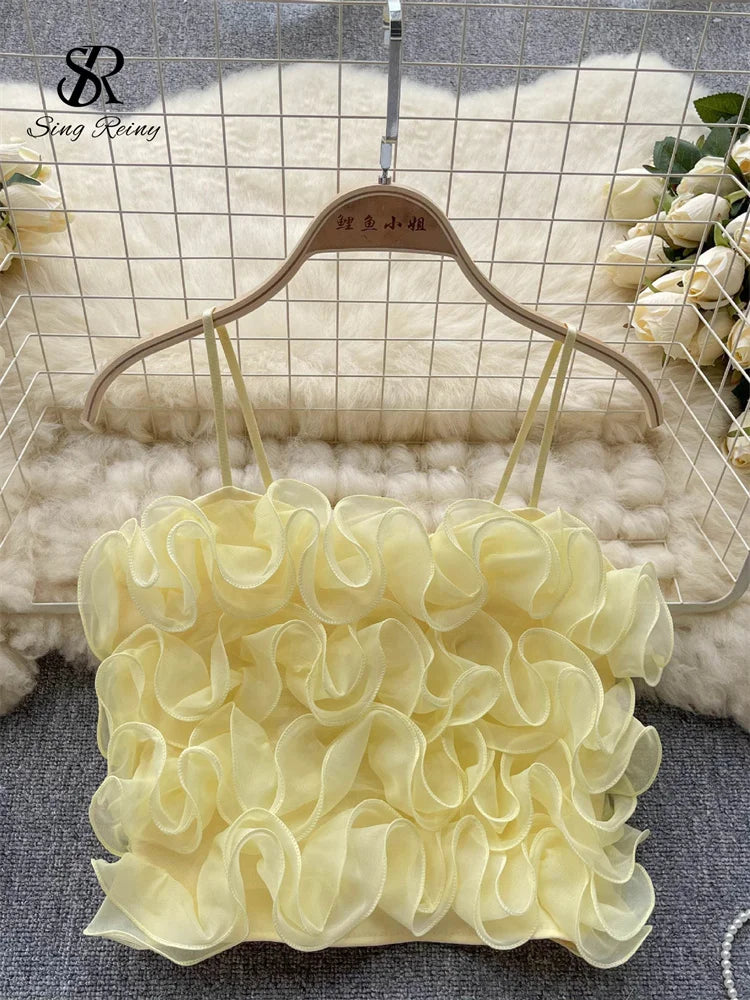 SINGREINY French Style Sheath Solid Sexy Camisole Female 3D Flowers Elastic Tops Ladies Holiday Short Sweet Streetwear Camis yellow One Size