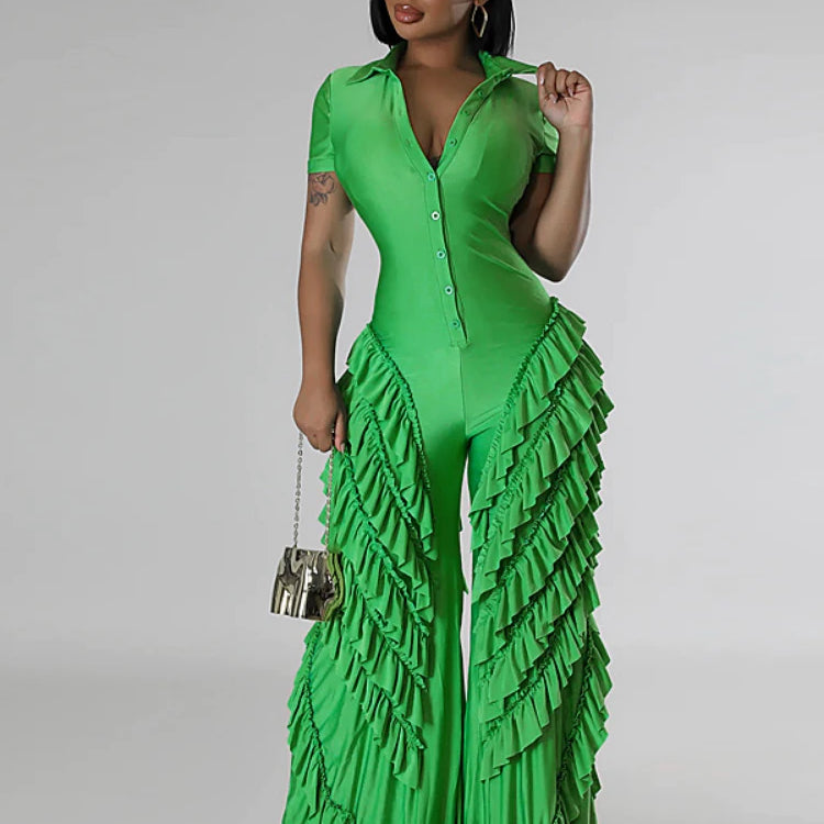 CM.YAYA Fashion Women Mult Ruffles Short Sleeve Zipper Fly Wide Leg Shirt Jumpsuit 2024 Streetwear Romper One Piece Set Playsuit