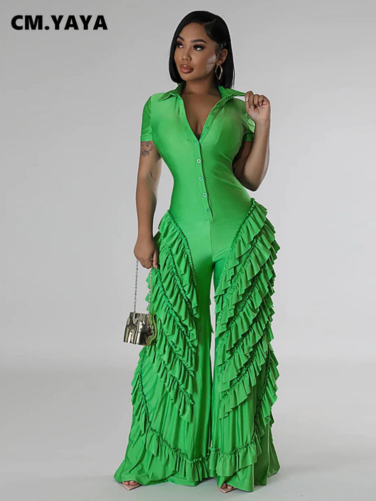 CM.YAYA Fashion Women Mult Ruffles Short Sleeve Zipper Fly Wide Leg Shirt Jumpsuit 2024 Streetwear Romper One Piece Set Playsuit