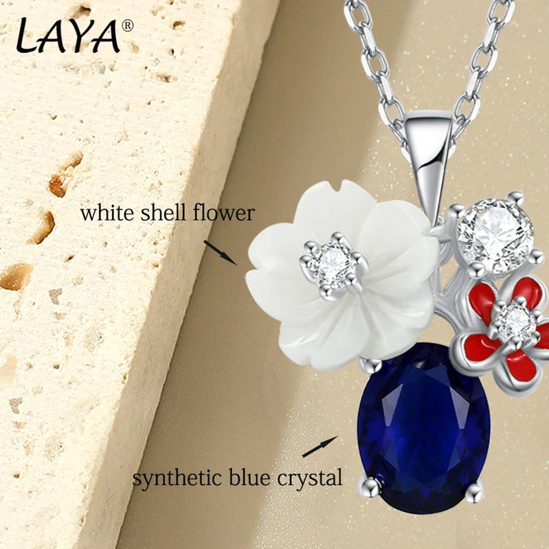 LAYA Necklace For Women White Shell Flower Shining Zircon Handmade Enamel 925 Sterling Silver Engagement Wedding Party Jewelry