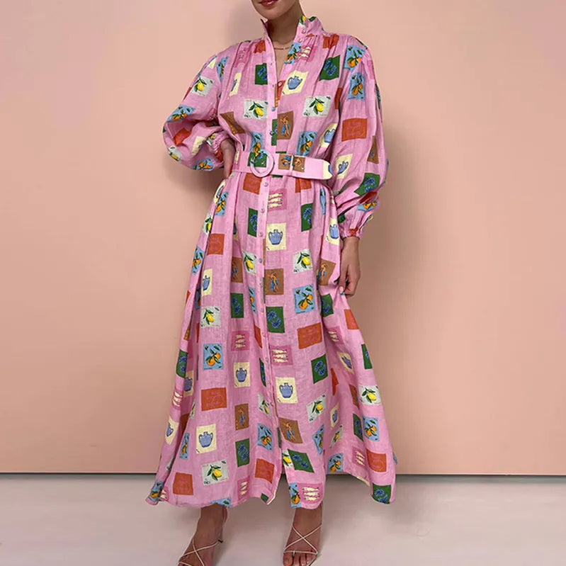 Elegant Loose Tie-Up Stand Collar Shirt Dress Women Fall Boho Print Pink Maxi Dress Fashion Geometric Cartoon Pattern Long Dress