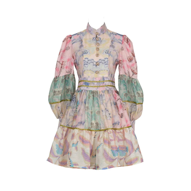 Fall Shot Spot Customized Product Vintage Court Style Small Stand Collar Bubble Sleeve Waist-Tight Dress