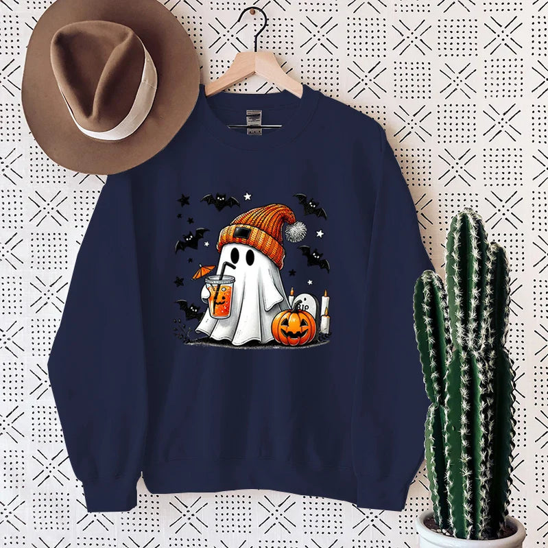New Women's Sweatshirt Halloween Ghost Pumpkin Bat Print Round Neck Pullovers Ladies Autumn Winter Casual Halloween Sweatshirt DEEP BLUE
