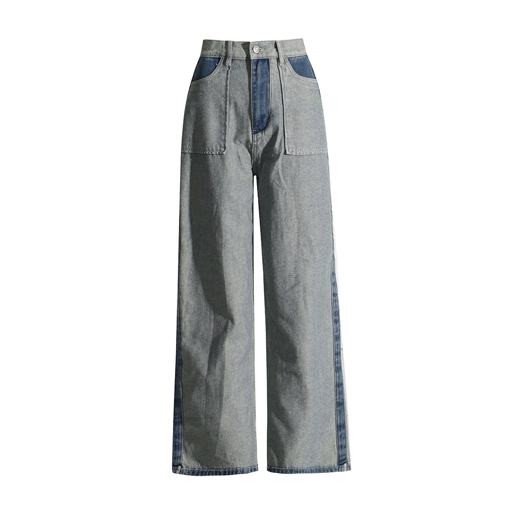 Patchwork Pockets Casual Denim Trousers For Women High Waist Spliced Button Hit Color Minimalist Loose Wide Leg Jeans Female Blue