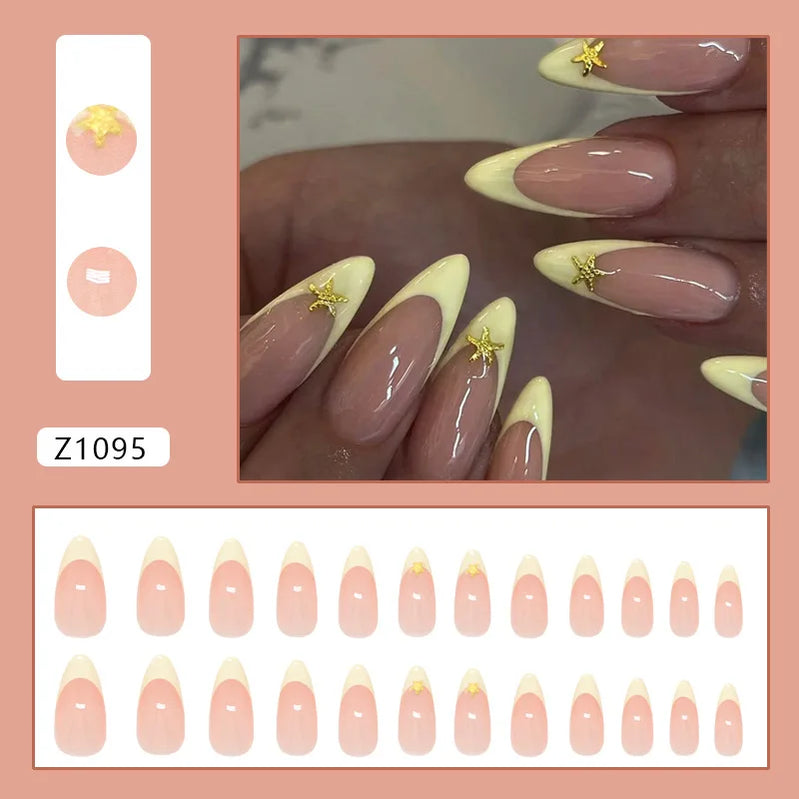 24pcs Summer Green Almond Press on Nails Fashion y2k Star Print False Nails Ins Simple Wearable Reusable Fake Nails for Women