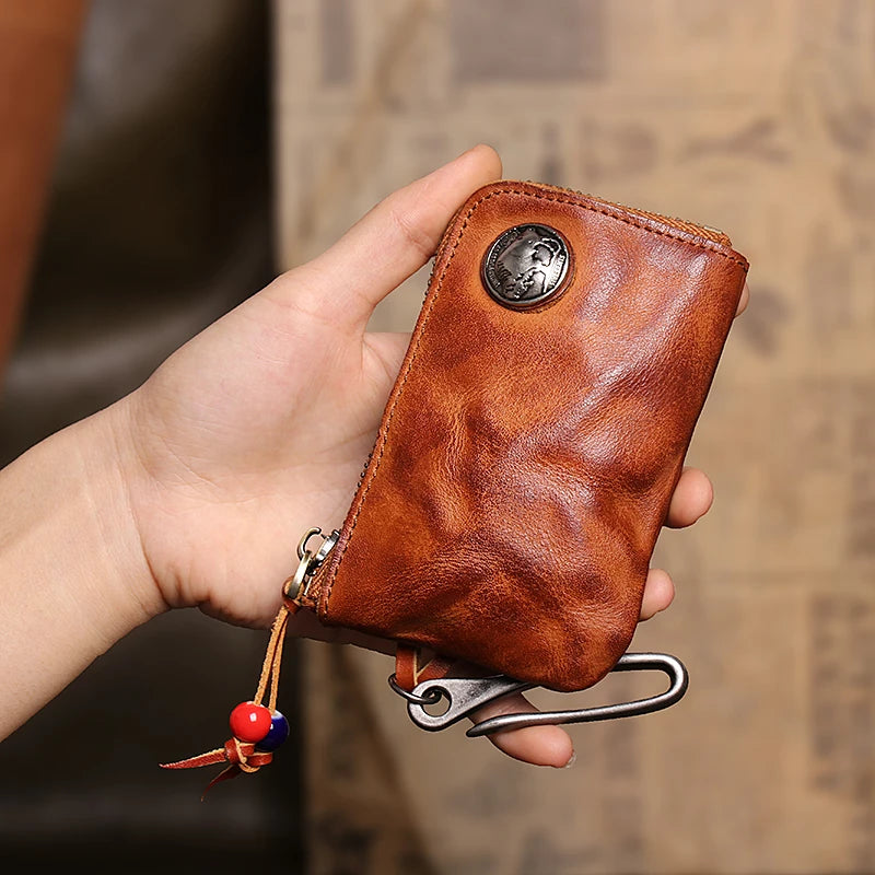 First Layer Leather Key Wallet for Men Short Vintage Handmade Car Key Holder Coin Purese Card Case Bag Organizer Housekeeper Vintage Brown