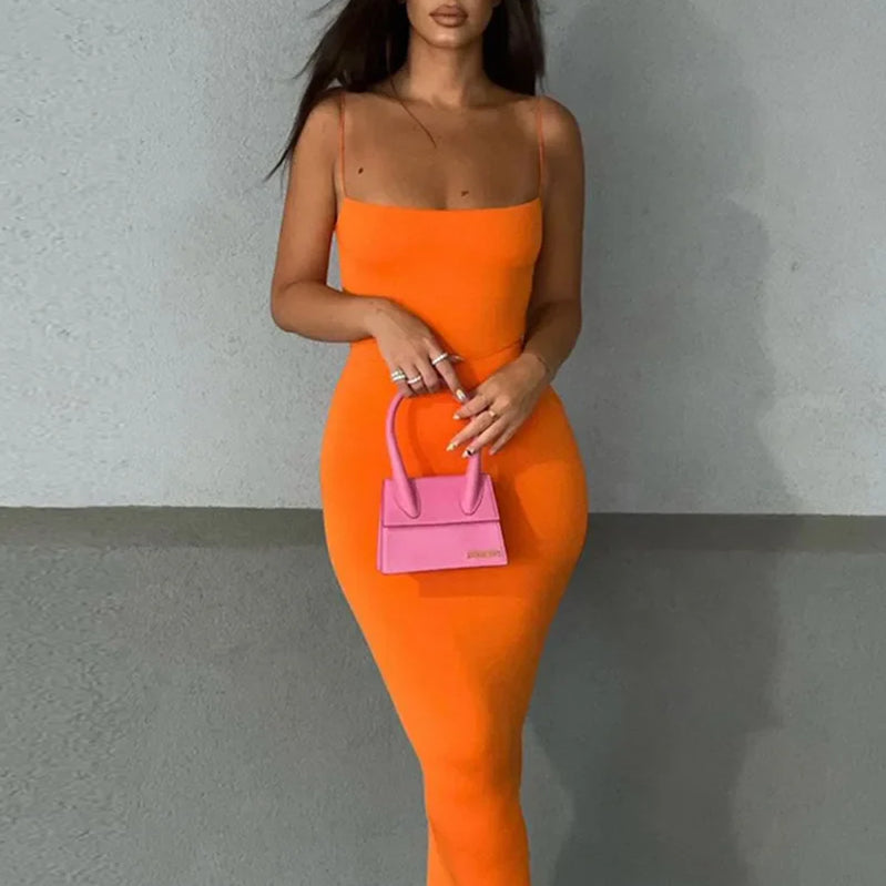 Women Casual Summer Spaghetti Strap Bodycon Dress Fashion Solid Color Sleeveless Backless Slim Fit Sling Long Dress Orange